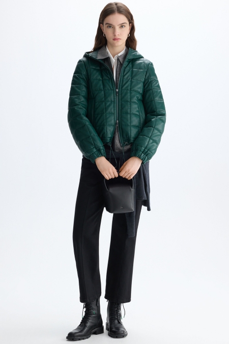 HOODED CUBE QUILTED FAUX-LEATHER COAT