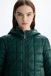 Hooded cube quilted faux-leather coat