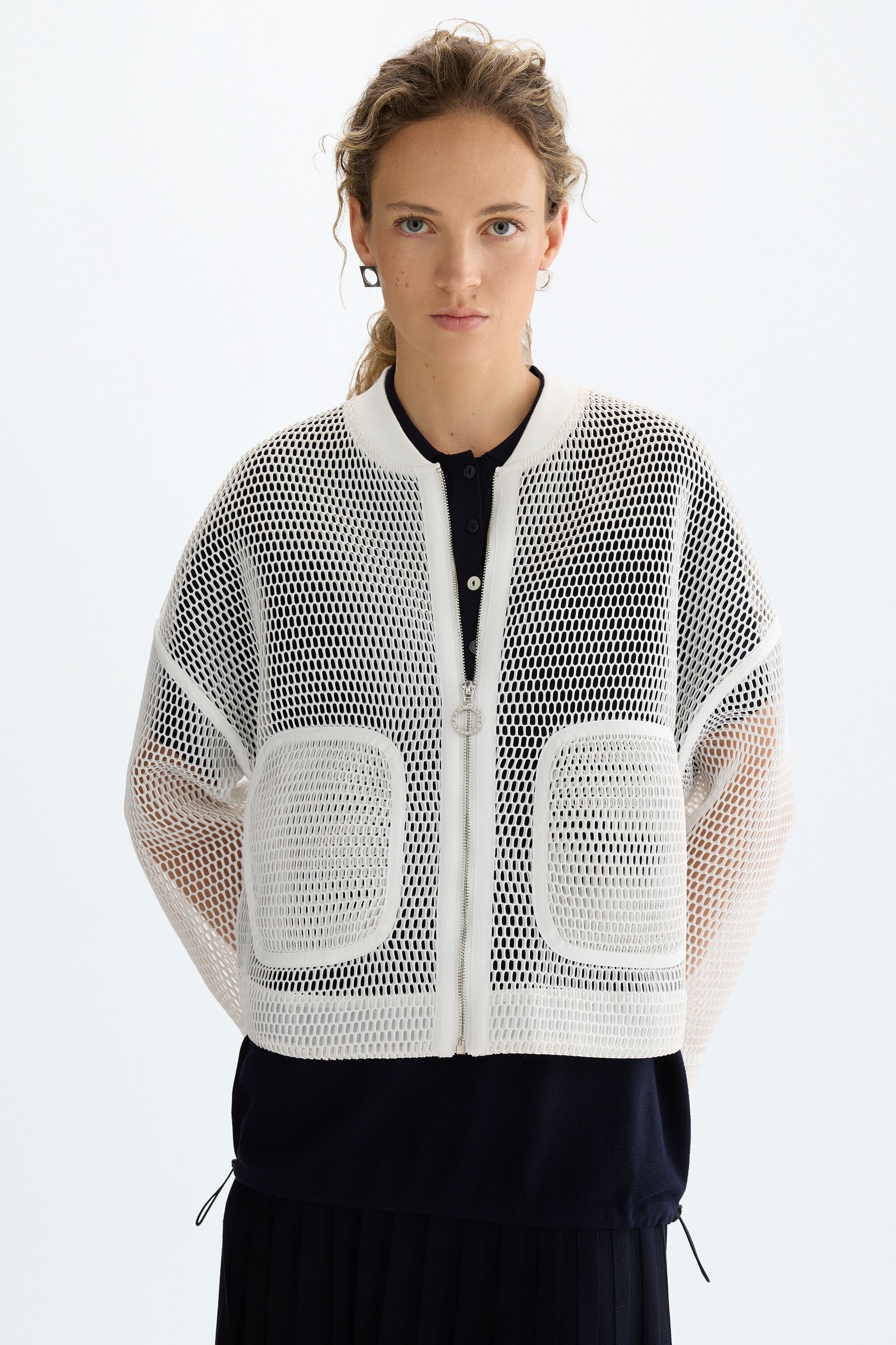 Nylon knit mesh oversize bomber jacket