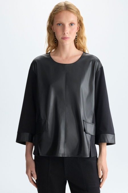 FAUX-LEATHER JERSEY A-LINE T-SHIRT WITH FLAPS