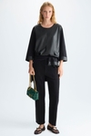 Faux-leather jersey A-line t-shirt with flaps