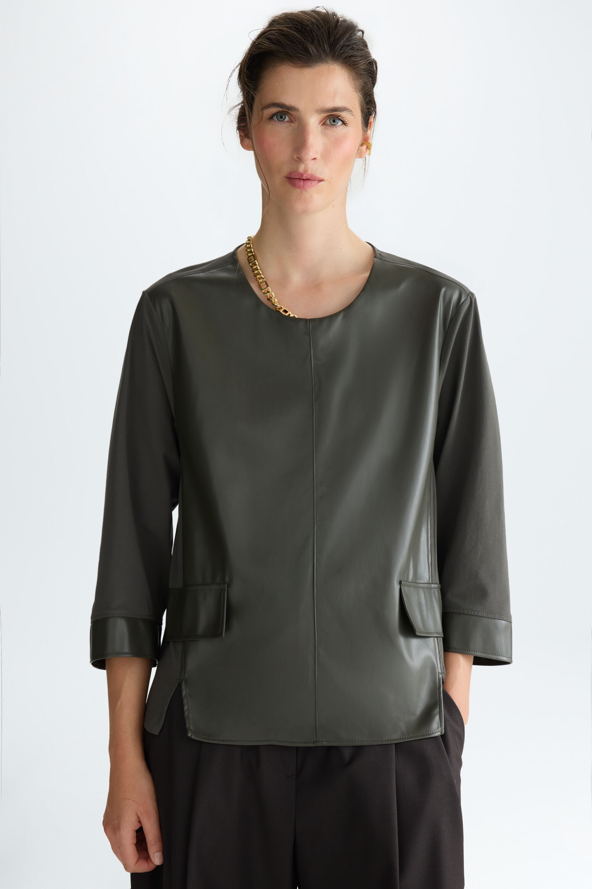 Faux-leather jersey A-line t-shirt with flaps
