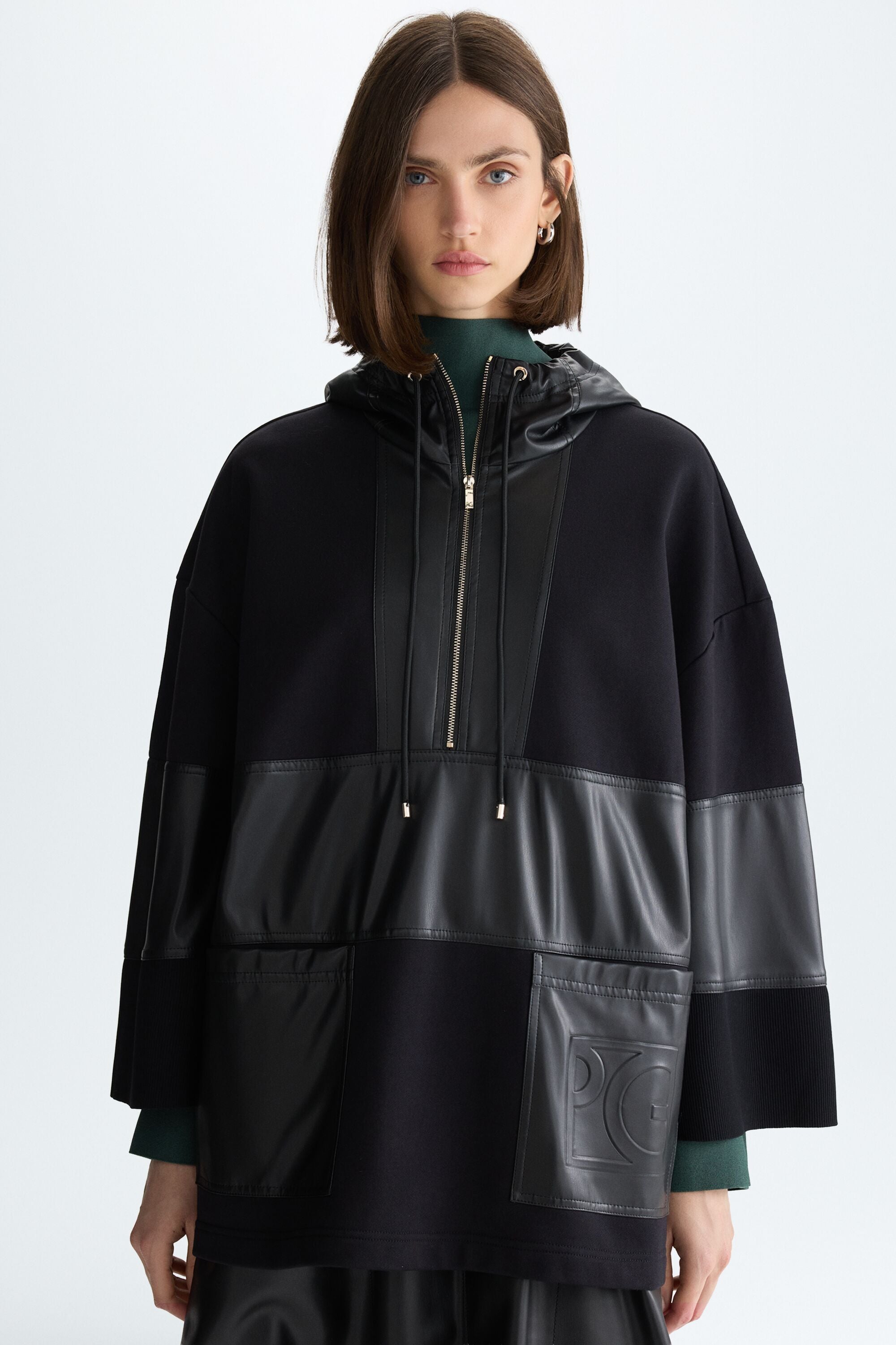 Hooded fleece faux-leather oversize sweatshirt black