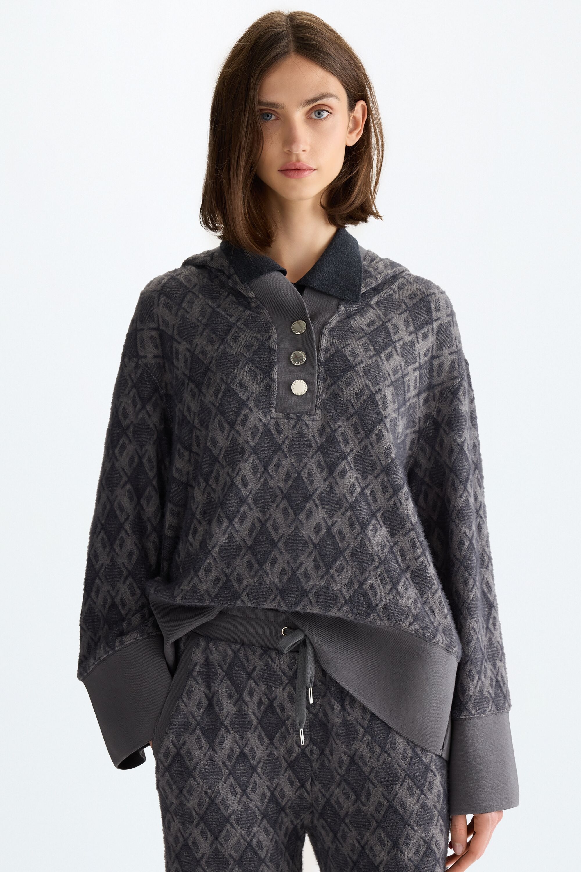 Hooded teddy jacquard oversize sweatshirt