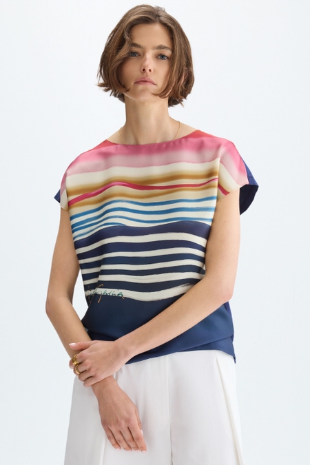 STRIPED PRINT TWILL JERSEY STRAIGHT-FIT T-SHIRT