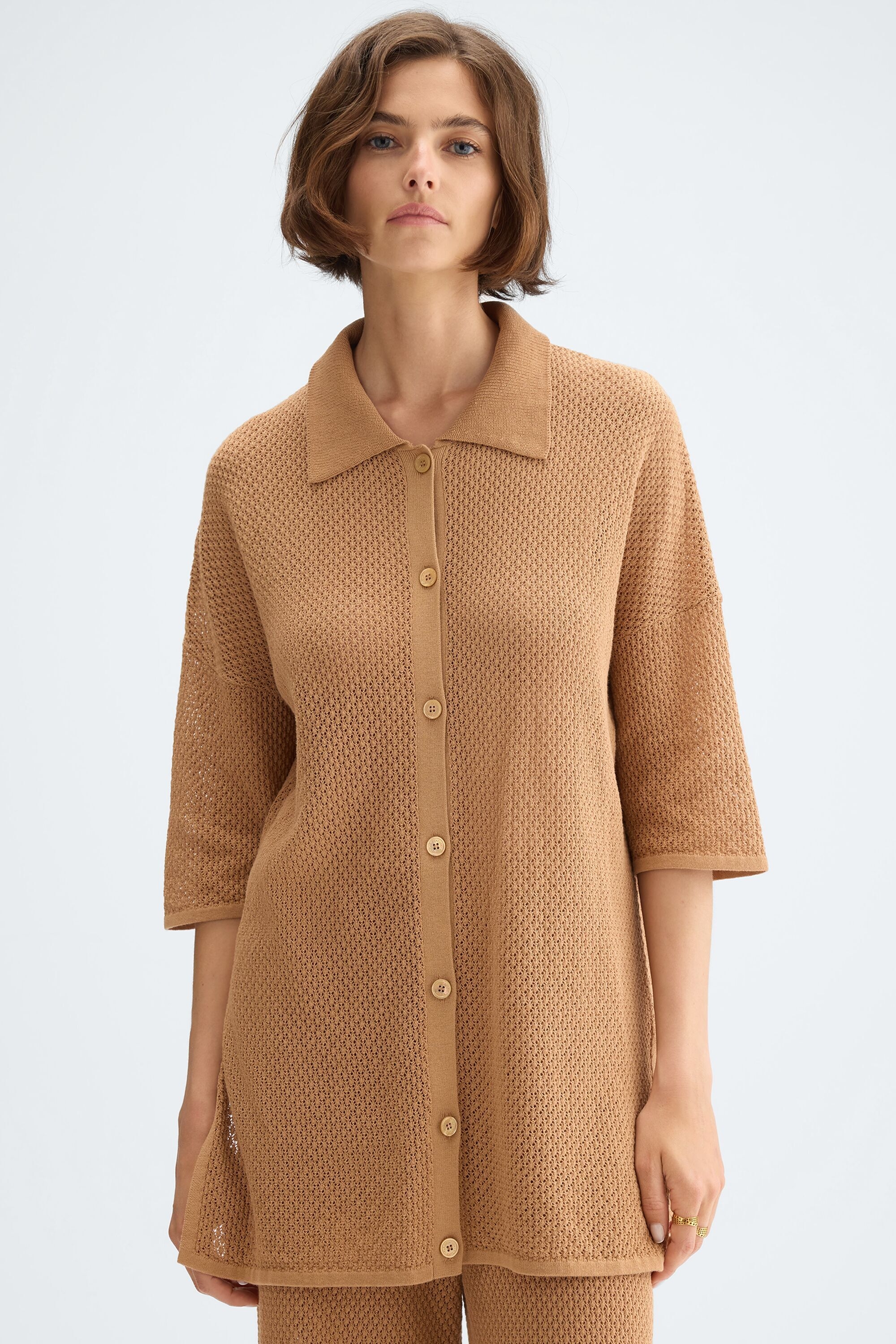 Cotton pointelle knit oversize long jacket