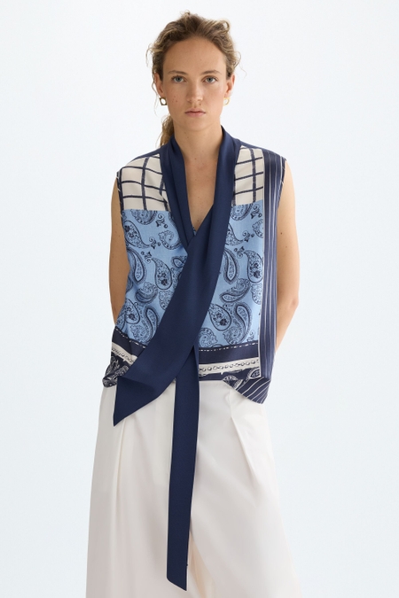 DENIM PATCHWORK PRINT TWILL STRAIGHT-FIT TOP