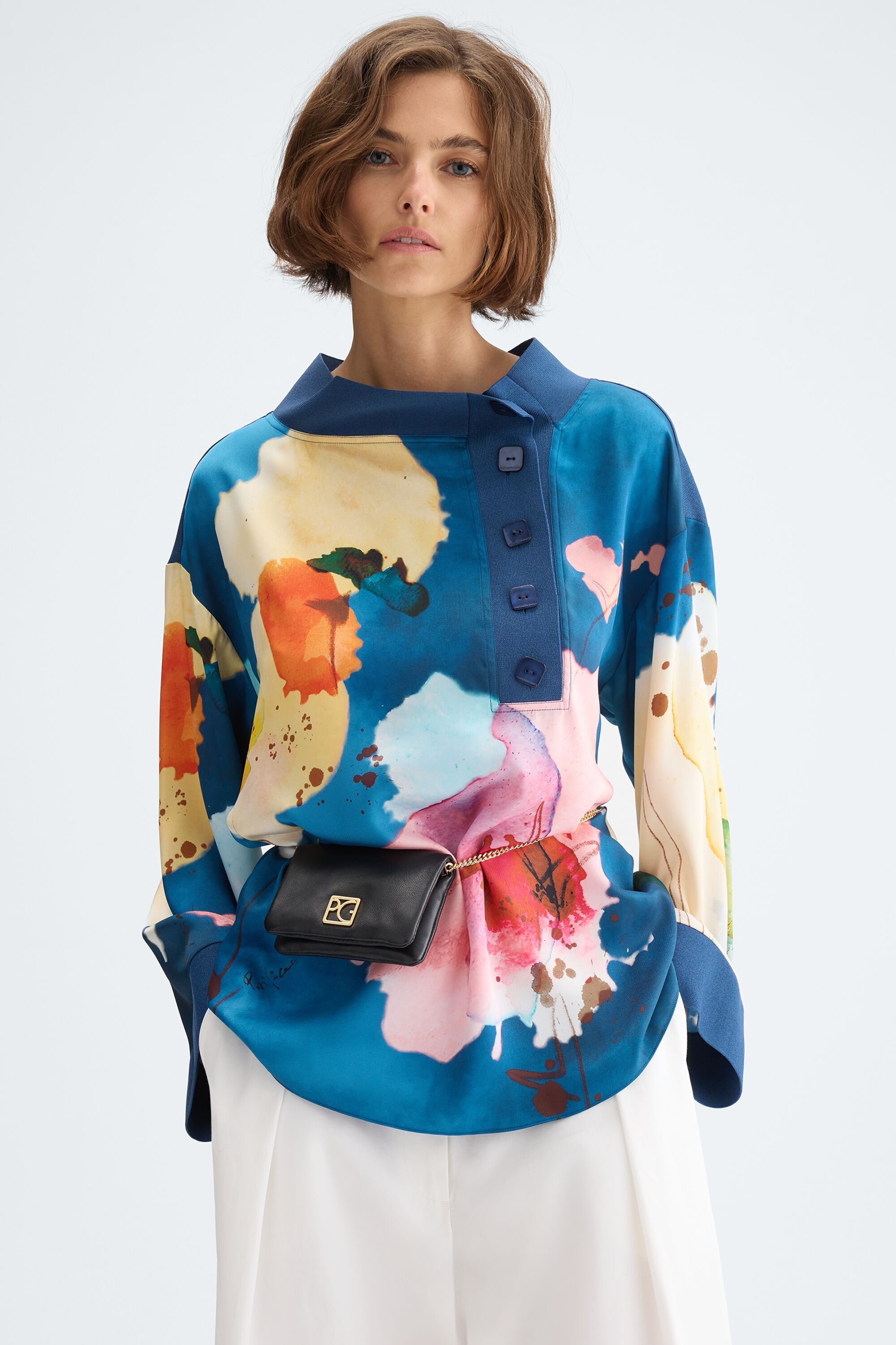 Print twill stretch-knit oversize blouse