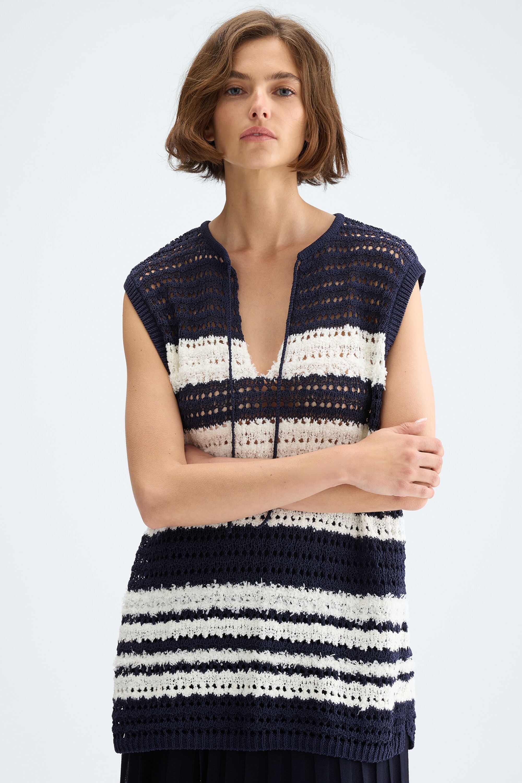 Striped pointelle knit long gilet