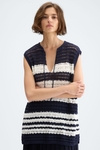 Striped pointelle knit long gilet