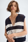 Striped pointelle knit long gilet