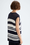 Striped pointelle knit long gilet