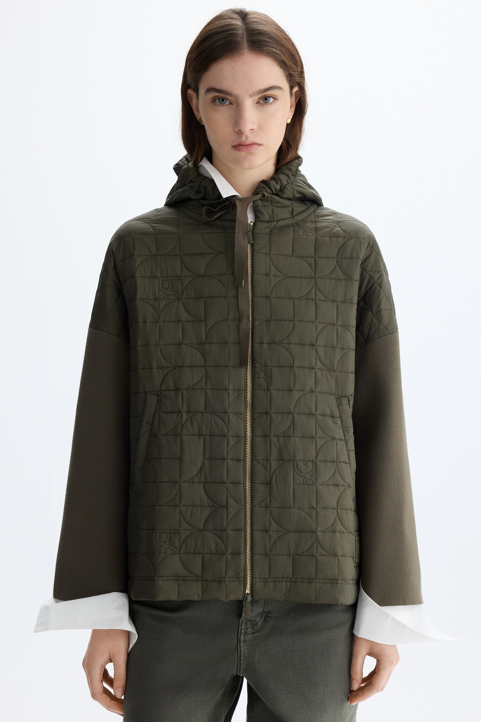 Hooded Bauhaus-quilted combined jacket