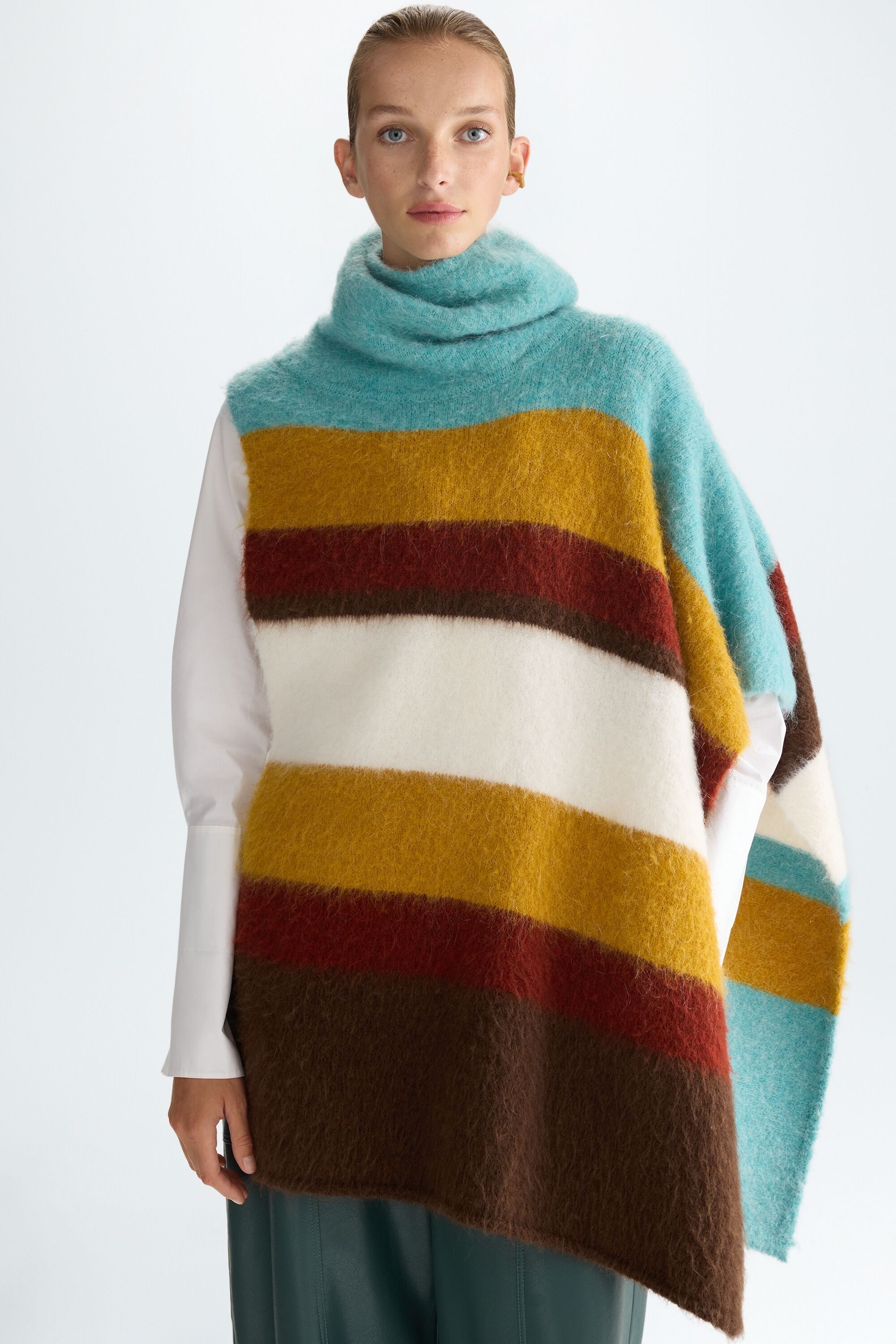Striped mohair asymmetric poncho