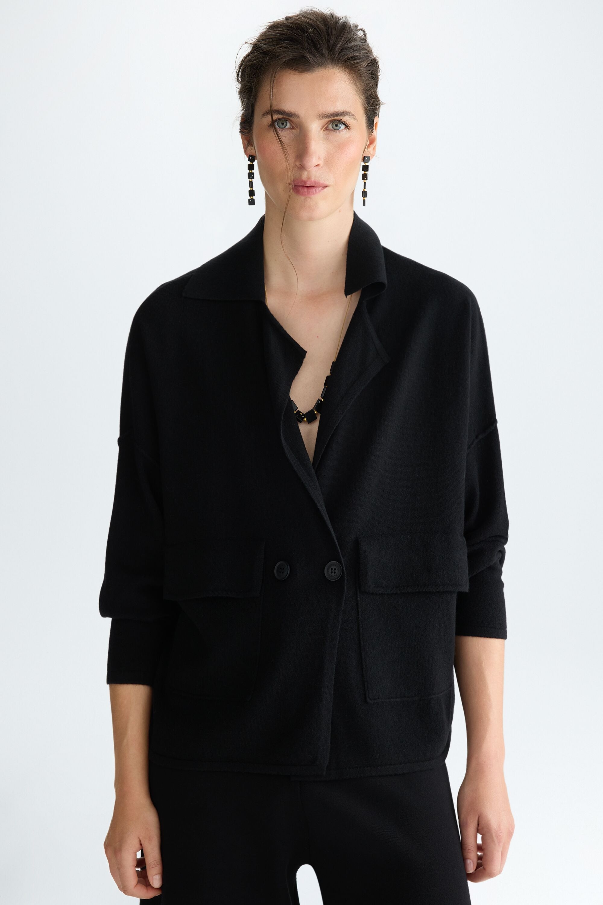 Wool knit double-breasted short jacket