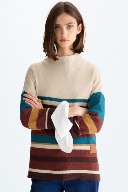 STRIPED WOOL STRAIGHT-FIT MOCK-NECK SWEATER