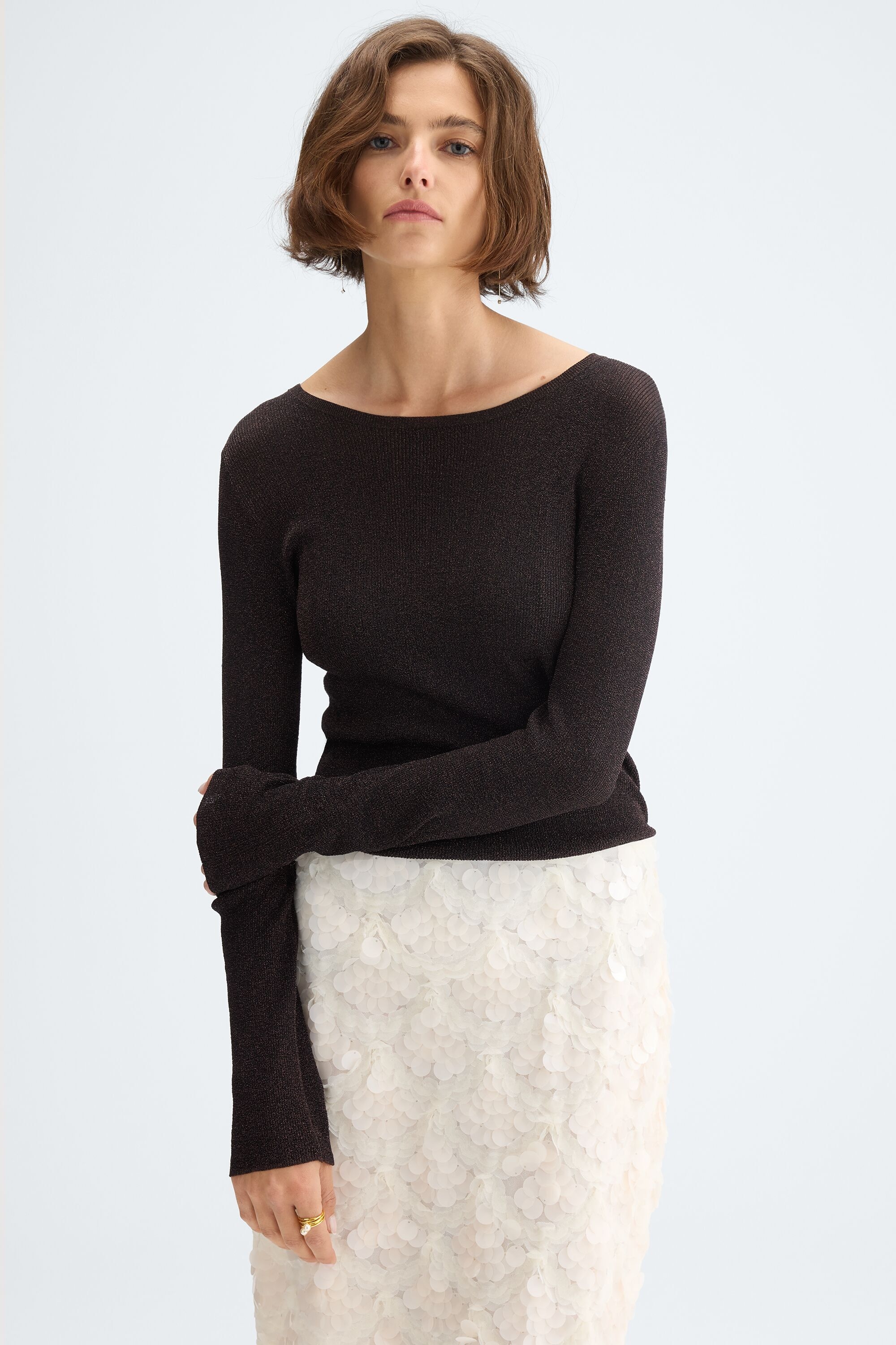Metallic stretch-knit fitted sweater