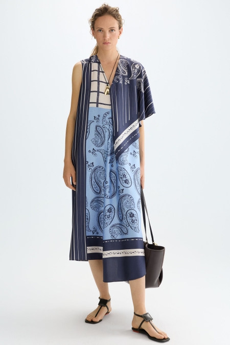 DENIM PATCHWORK PRINT TWILL A-LINE DRESS