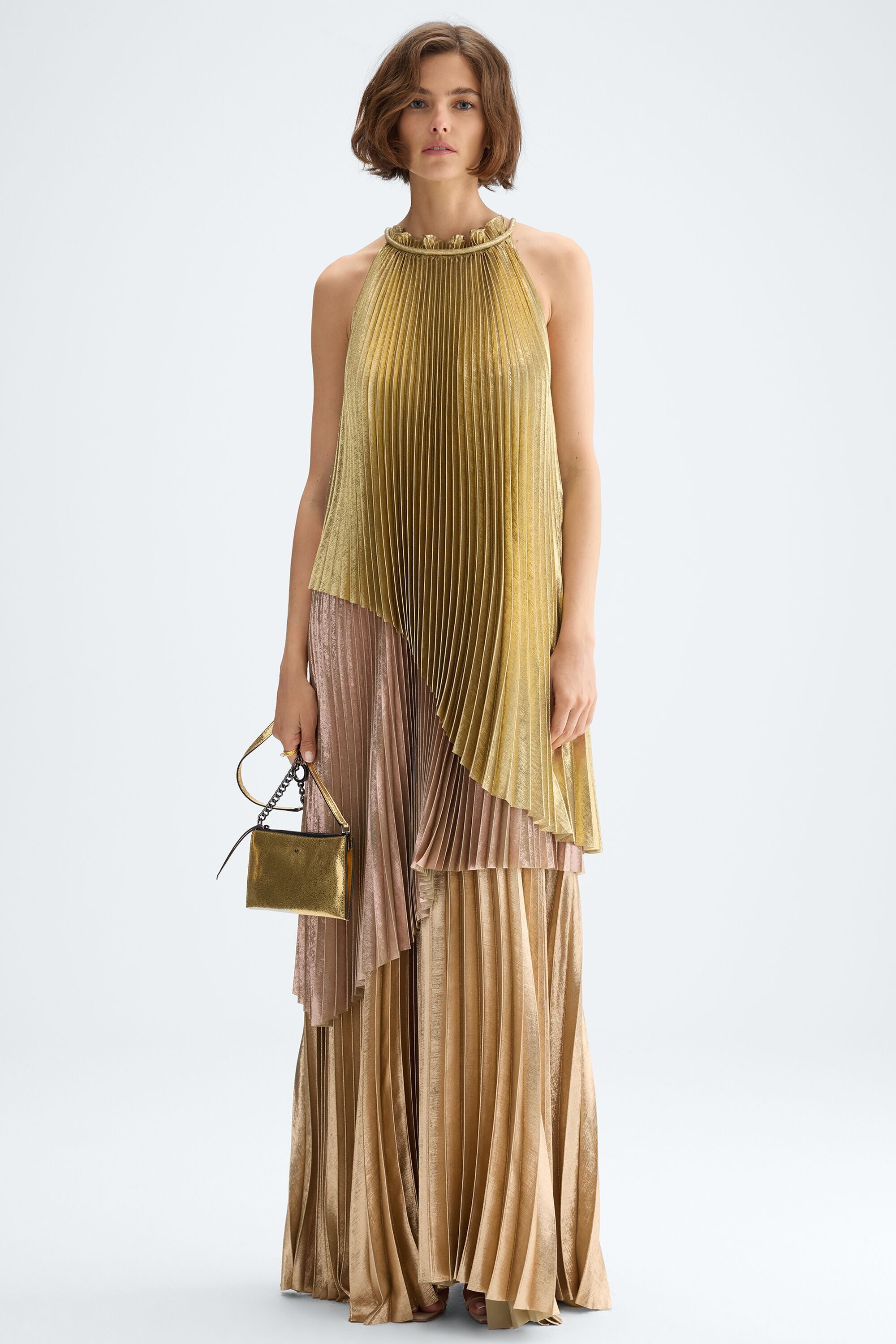 Gradient pleated lamé halter dress gold - Purificacion Garcia