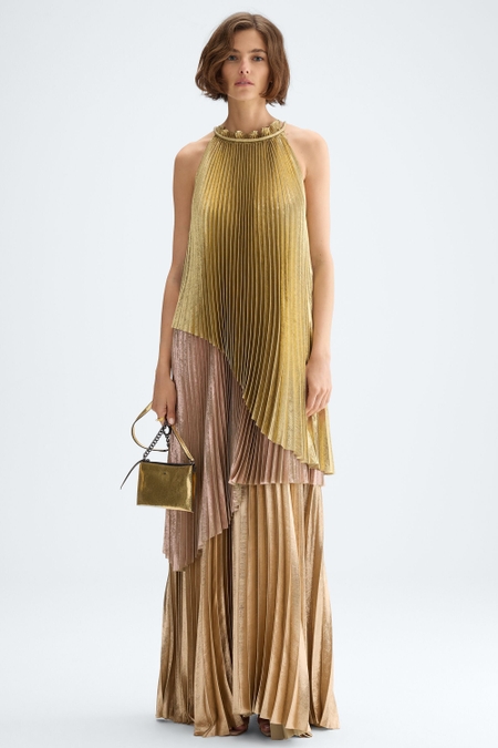 GRADIENT PLEATED LAMÉ HALTER DRESS