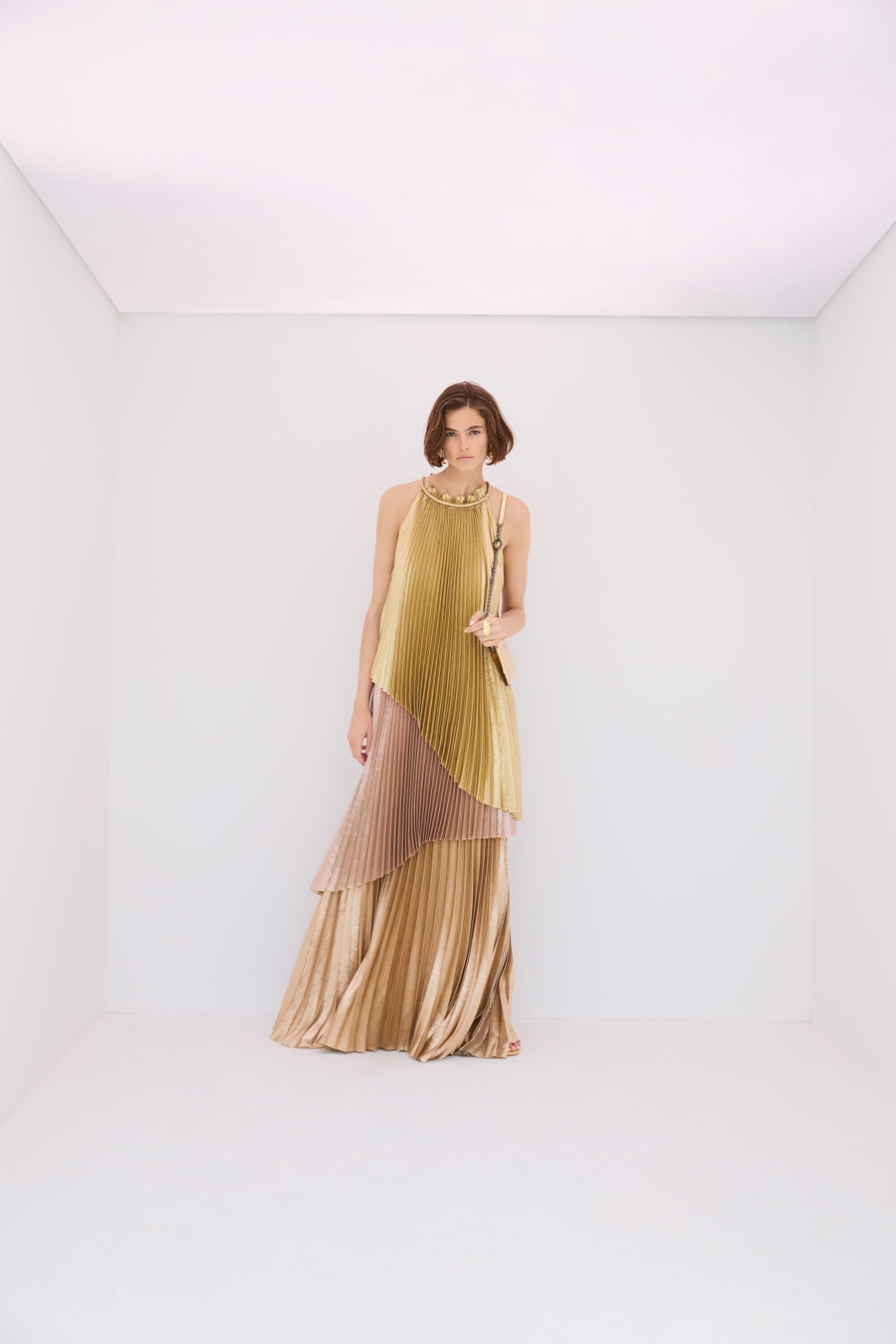 GRADIENT PLEATED LAMÉ HALTER DRESS