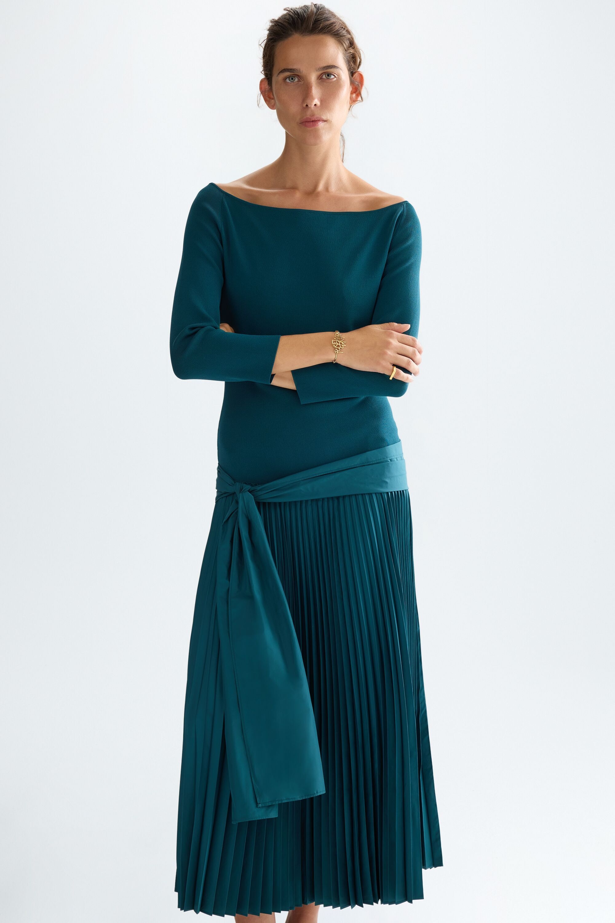 Stretch knit pleated taffeta midi dress