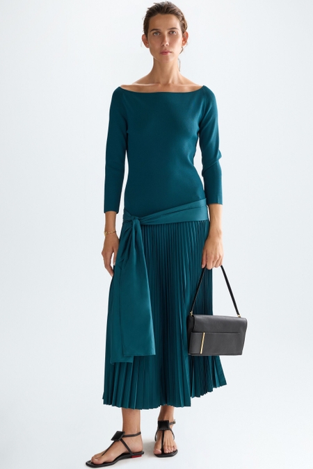 STRETCH KNIT PLEATED TAFFETA MIDI DRESS