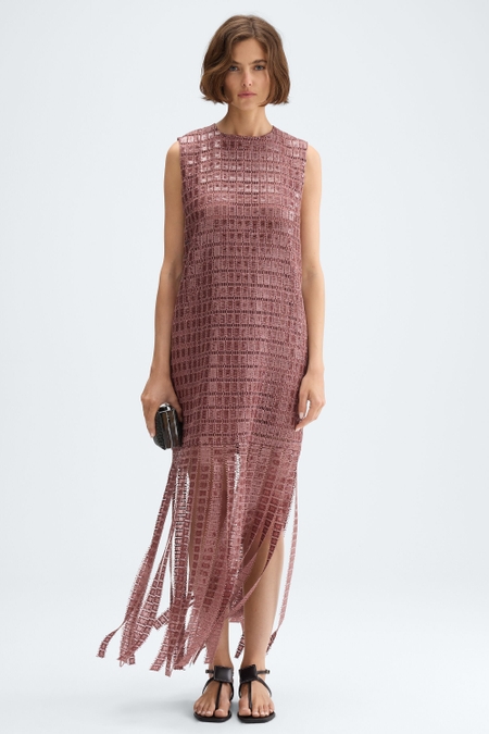 FRINGED SEQUINNED GUIPURE STRAIGHT-FIT DRESS