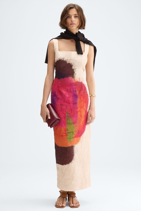 PRINT CRINKLE SATIN FITTED DRESS