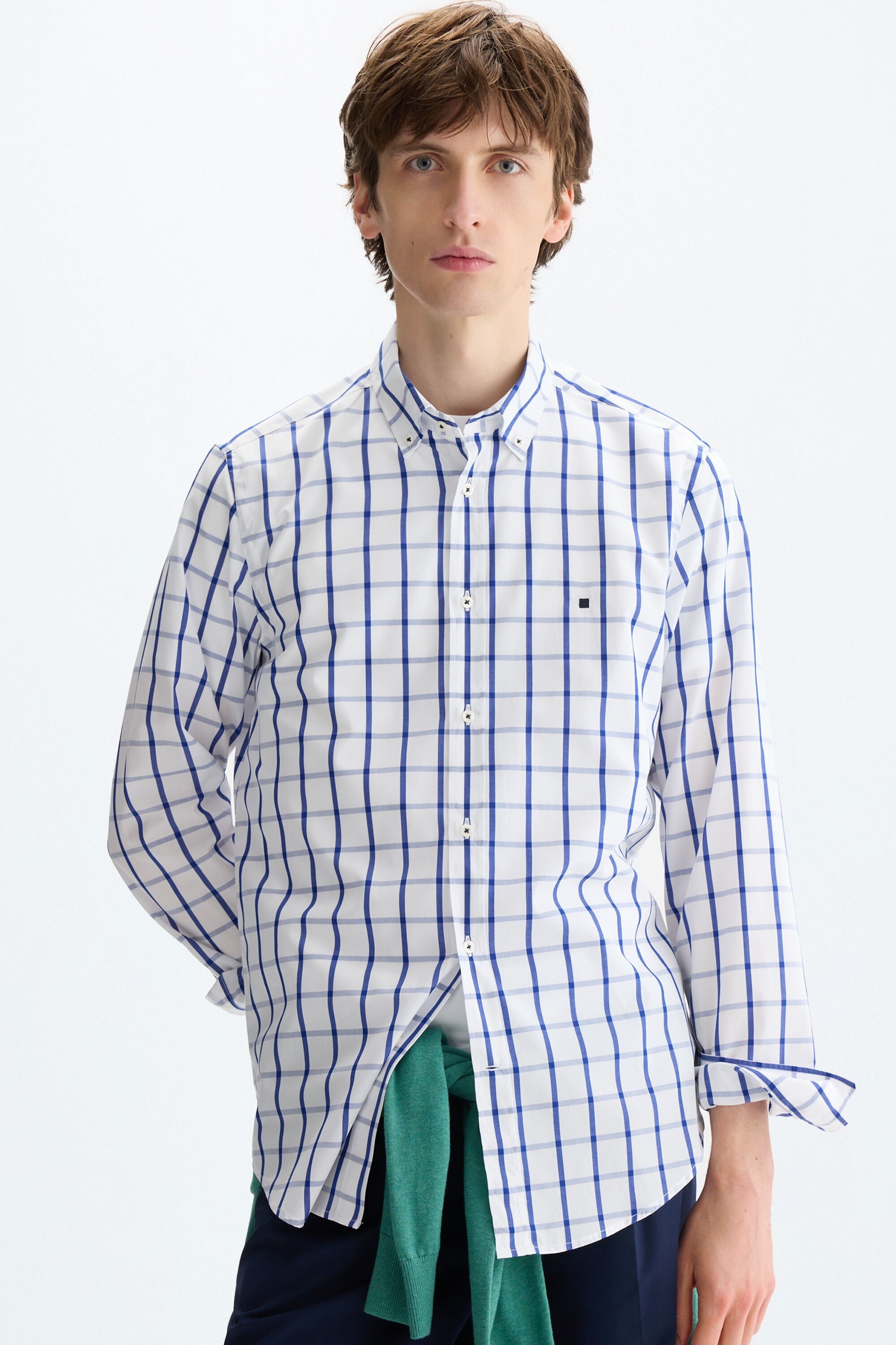 Windowpane check poplin shirt white/blue - Purificacion Garcia