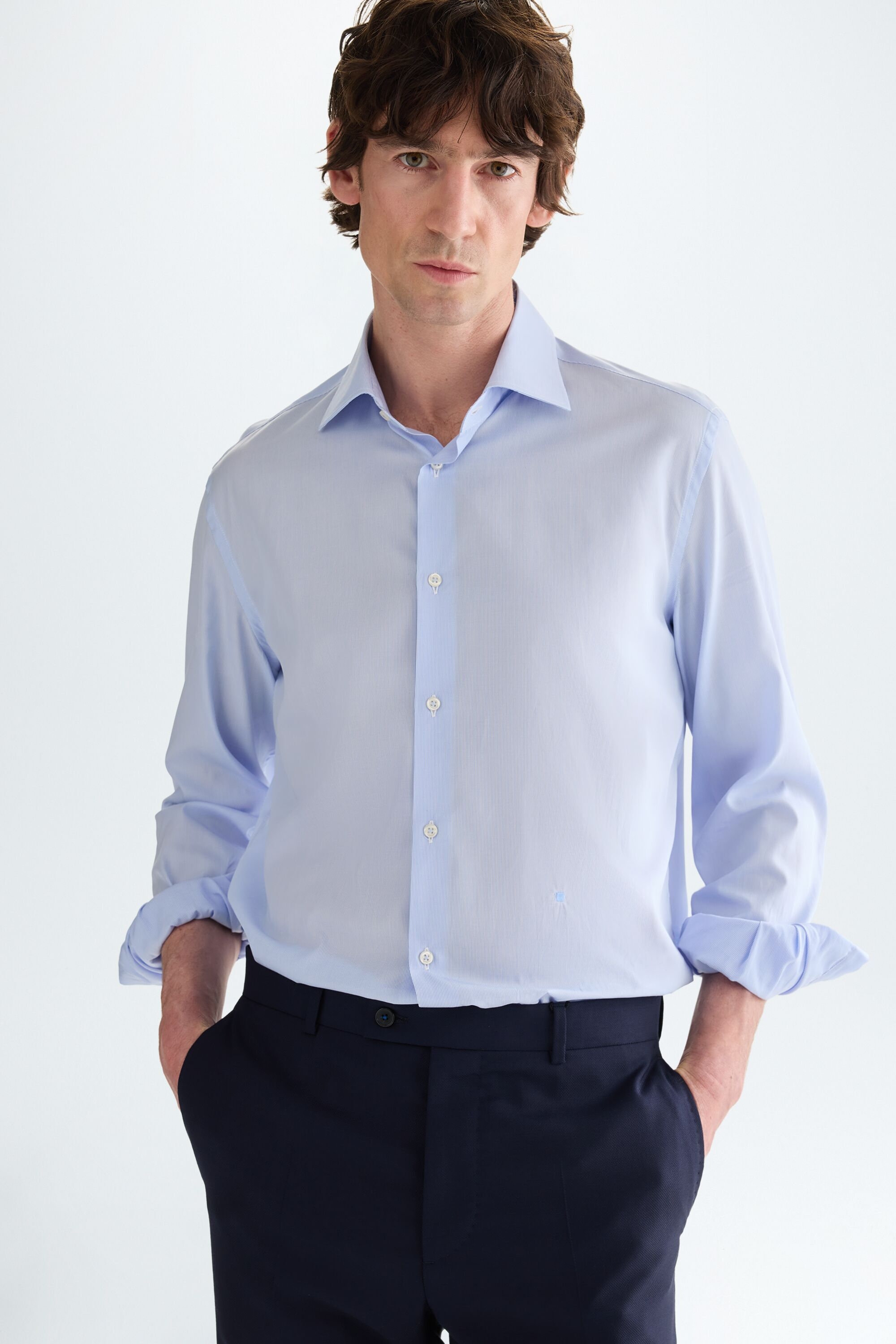 Spread collar needle striped poplin shirt - SKY BLUE/WHITE