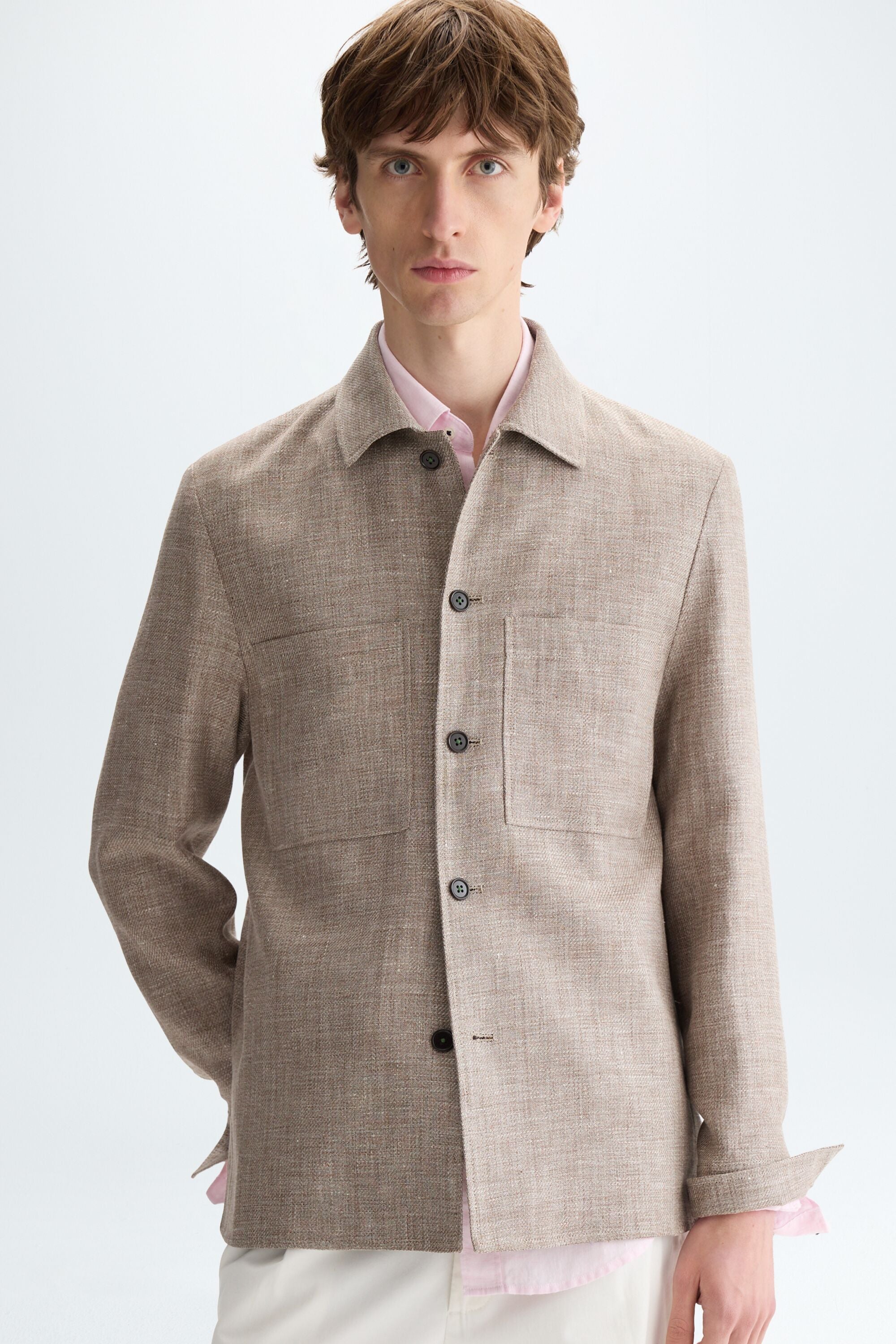 Zig-zag textured linen cotton overshirt camel - Purificacion