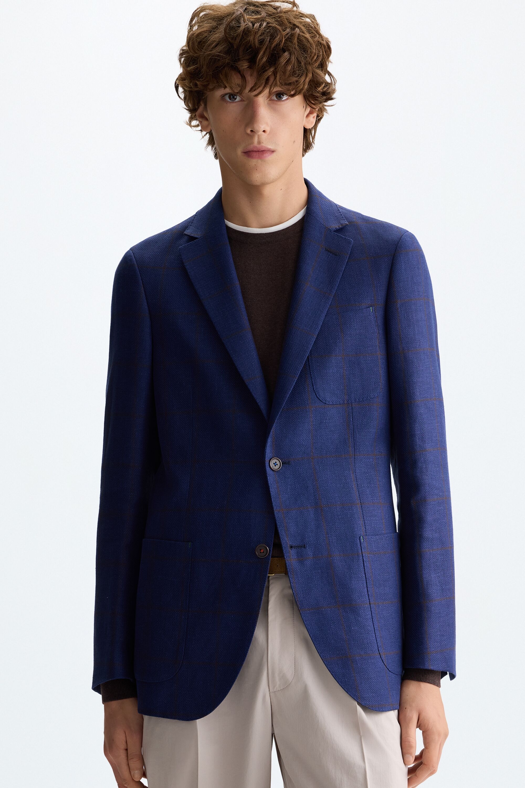 Windowpane checks cotton linen relaxed fit blazer
