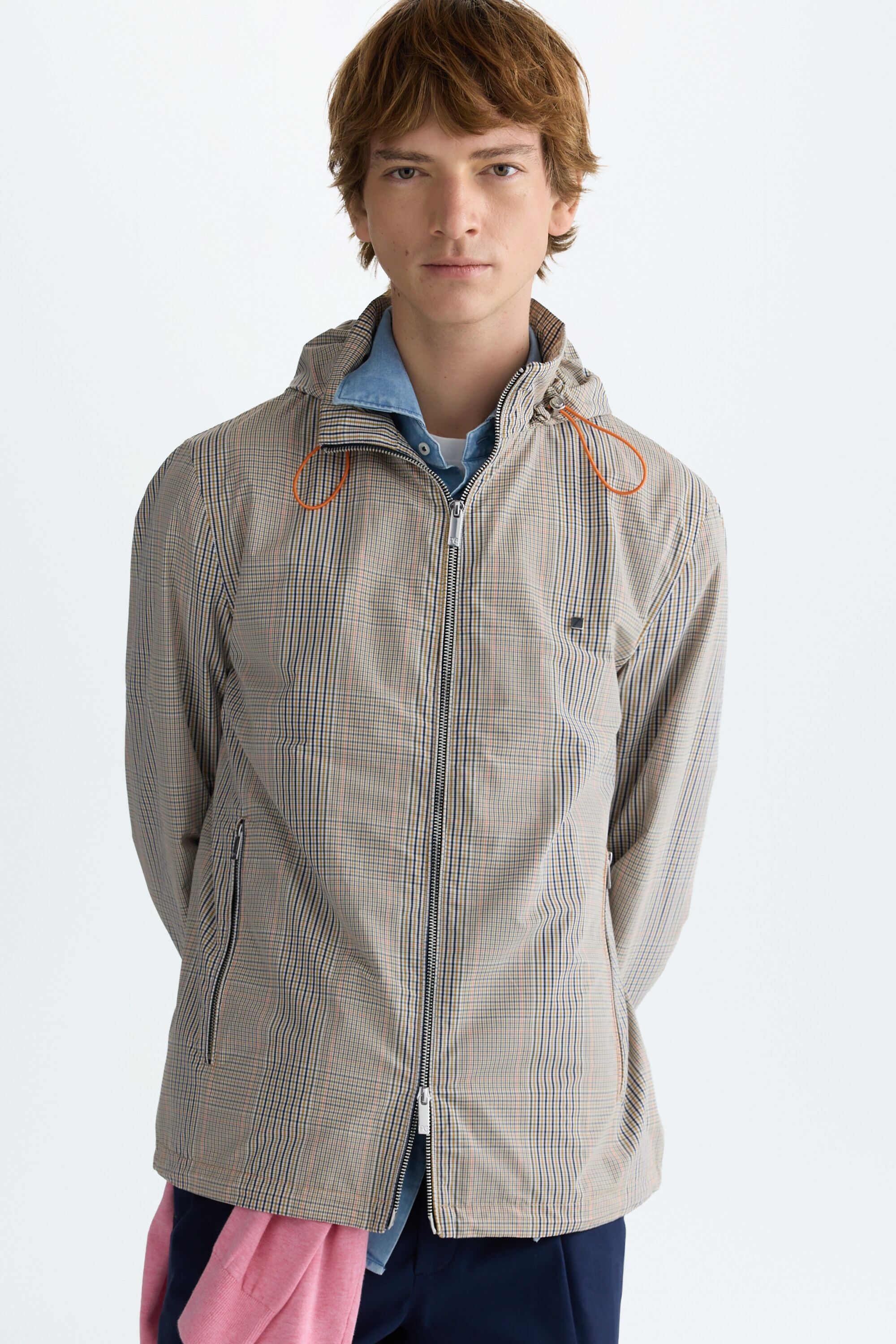 Hooded chequered technical jacket