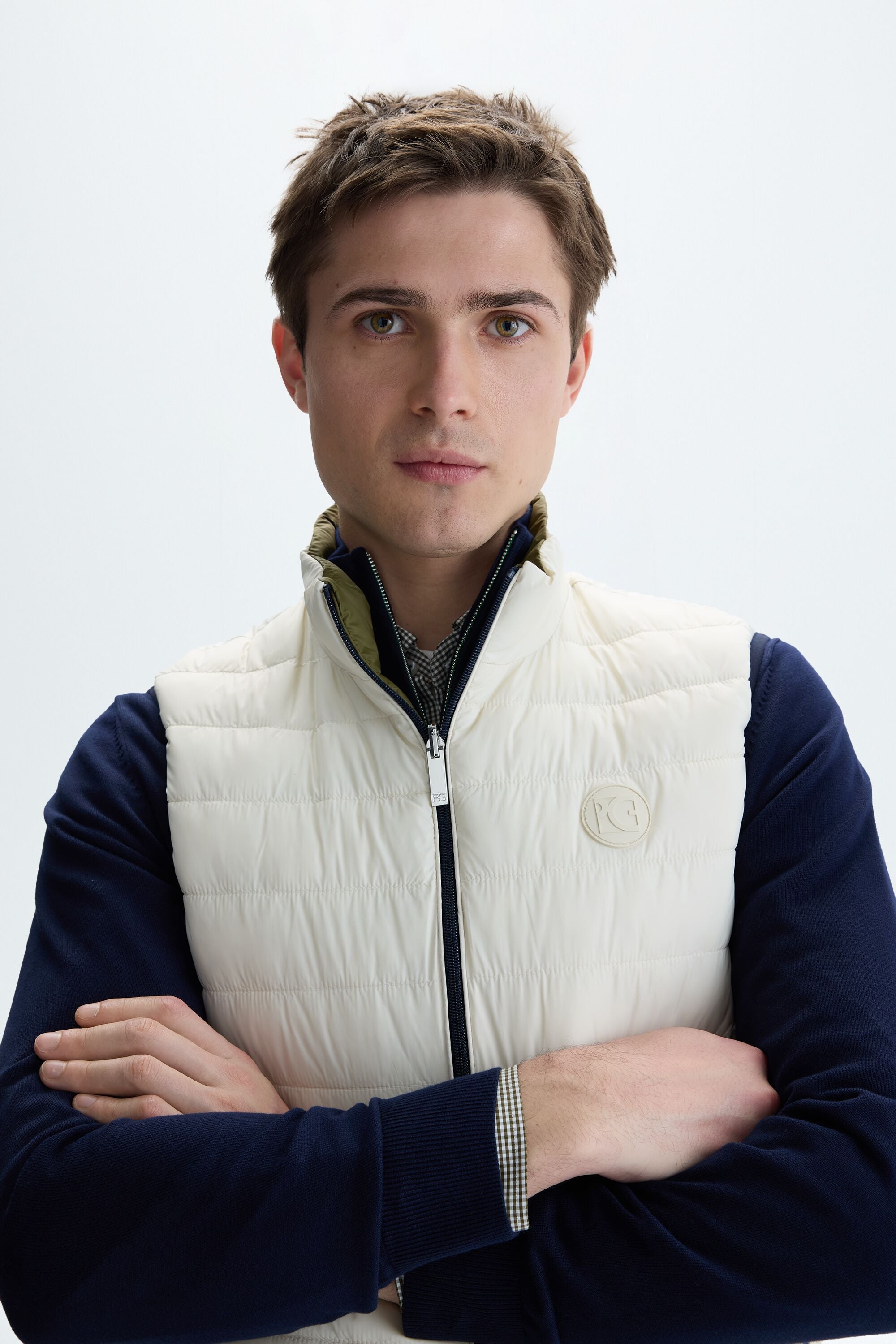 Quilted technical nylon reversible gilet khaki/white