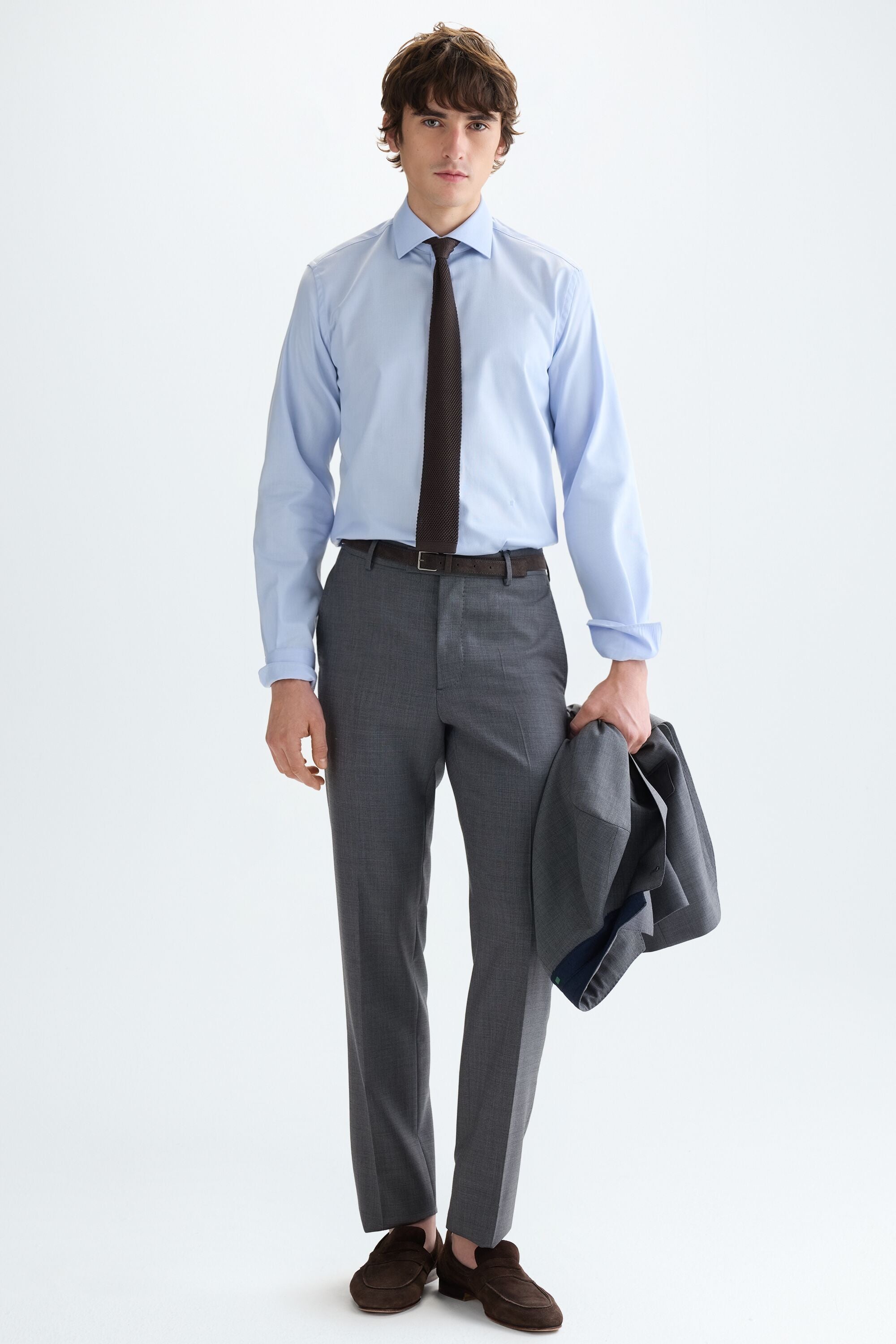 Wool micro zig-zag weave classic fit suit trousers gray