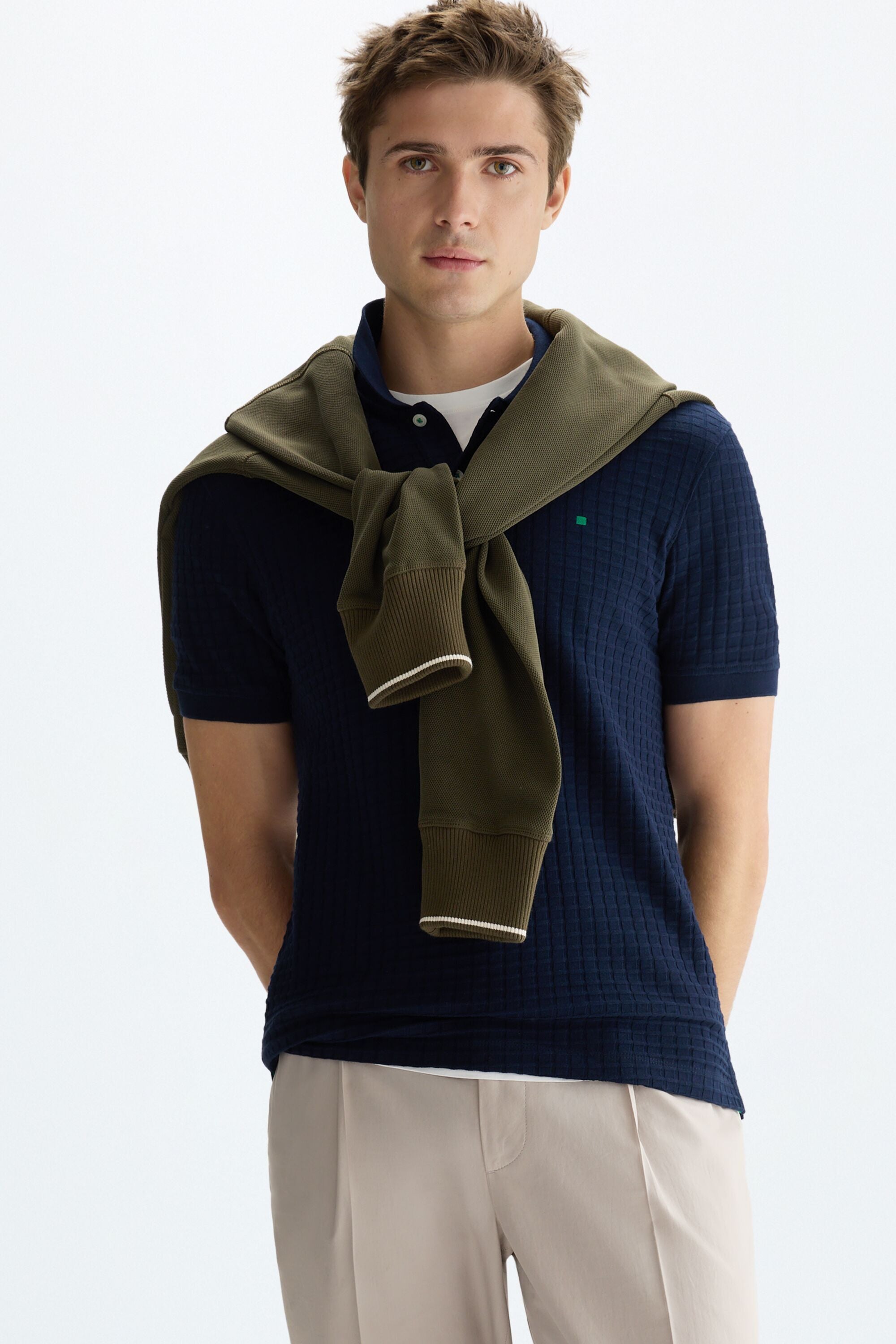 Cubes textured knit polo shirt navy - Purificacion Garcia Germany