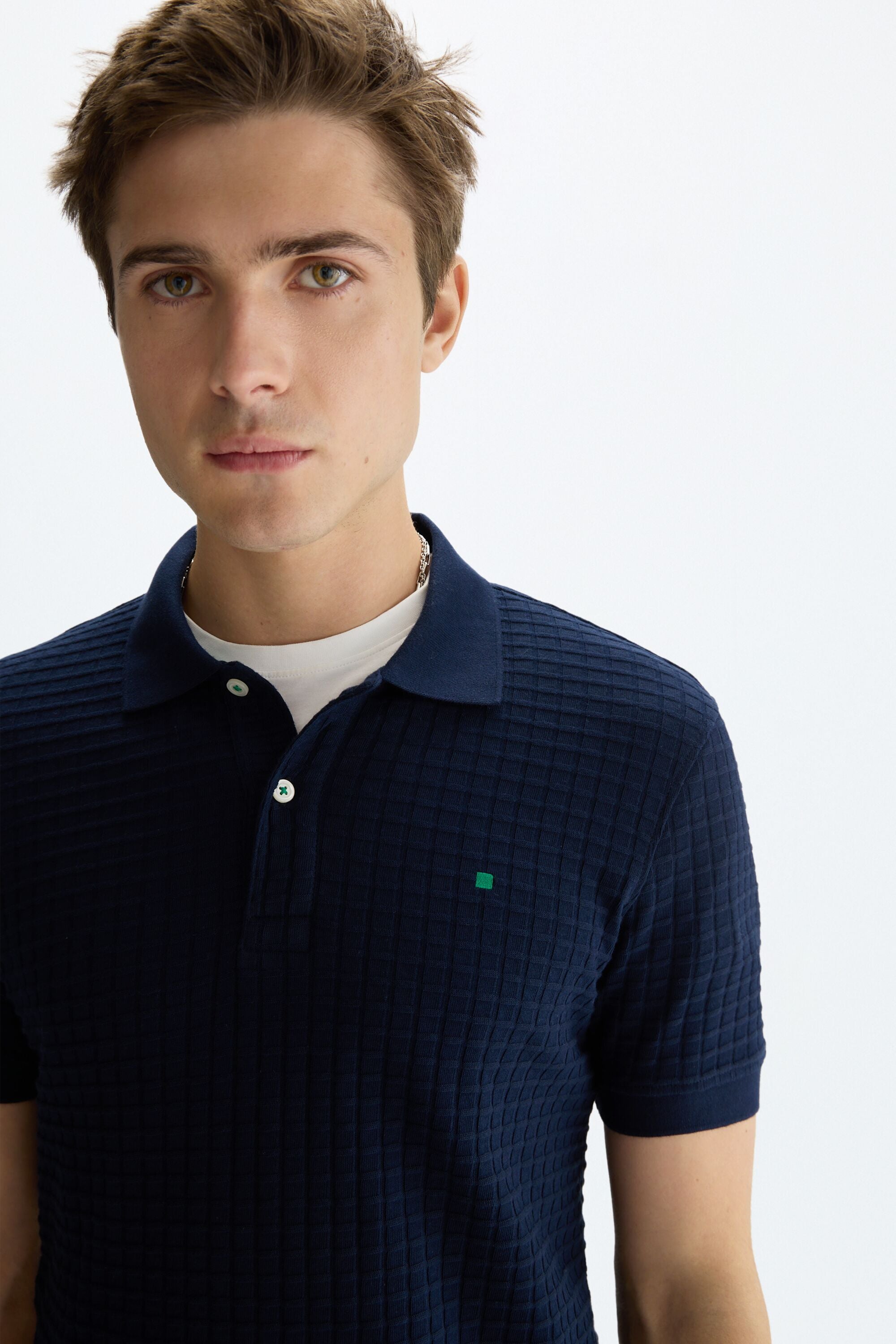 Cubes textured knit polo shirt navy - Purificacion Garcia Germany