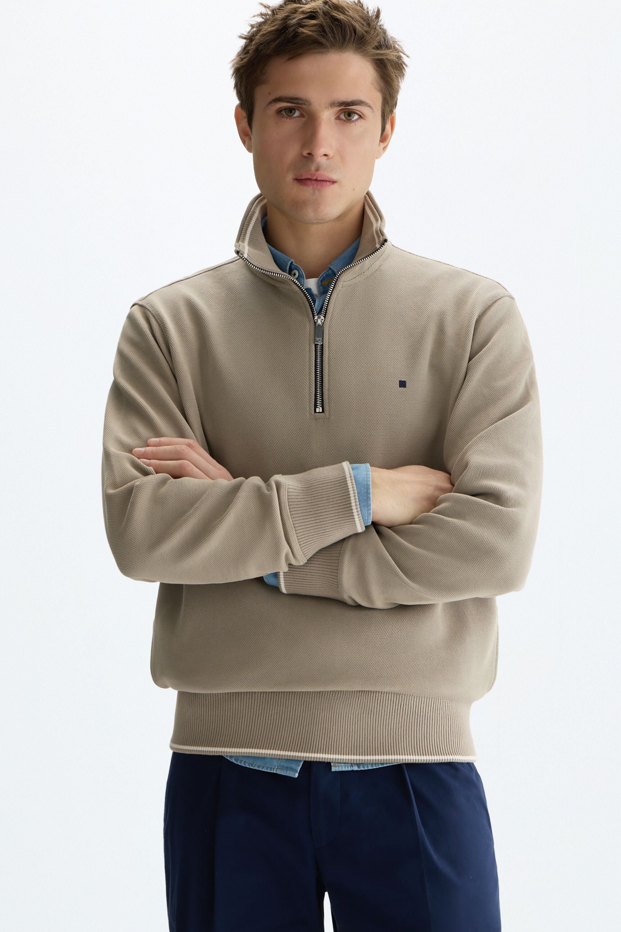 Jacquard knit half-zip sweatshirt taupe - Purificacion Garcia