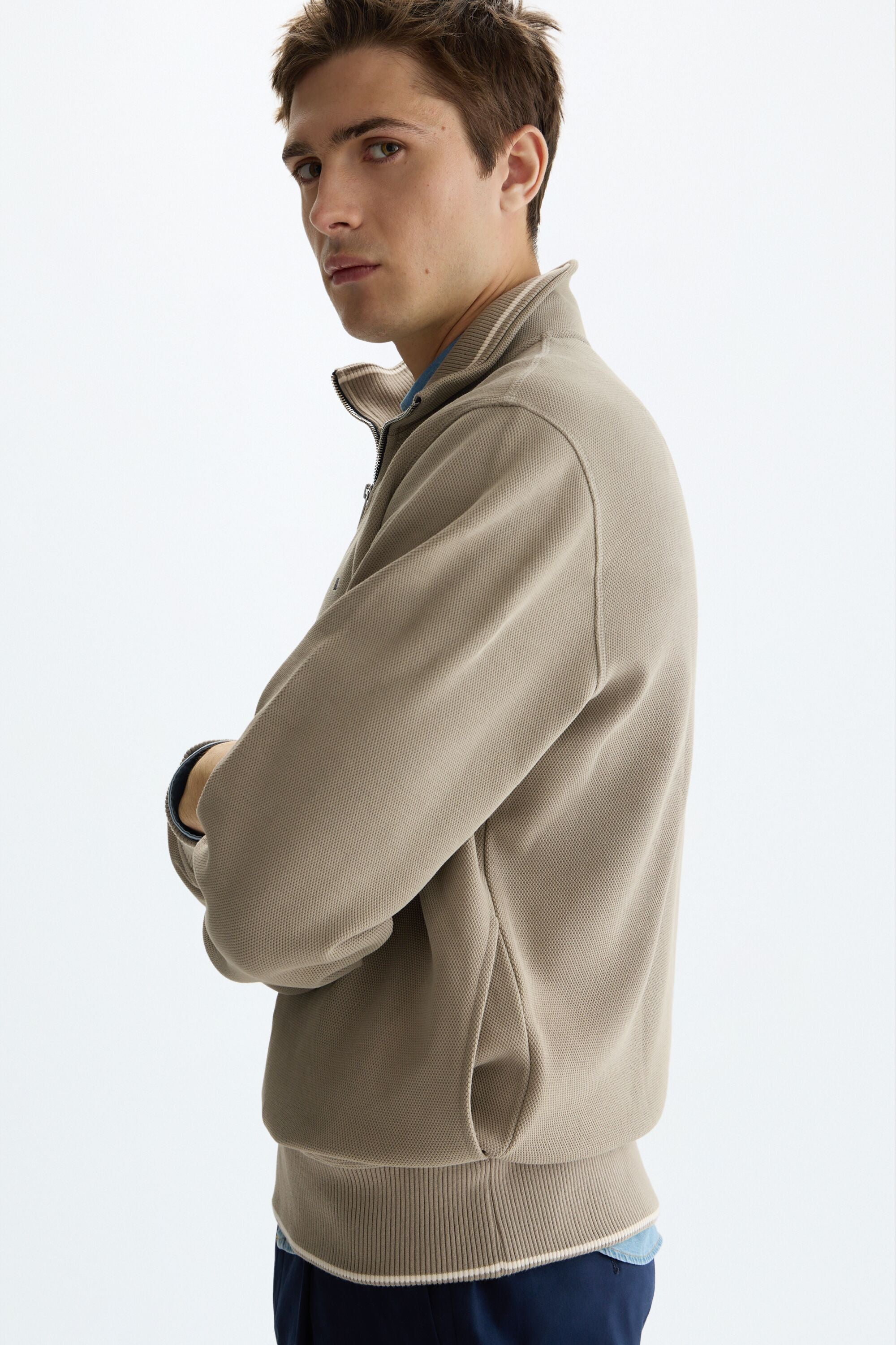 Jacquard knit half-zip sweatshirt taupe - Purificacion Garcia