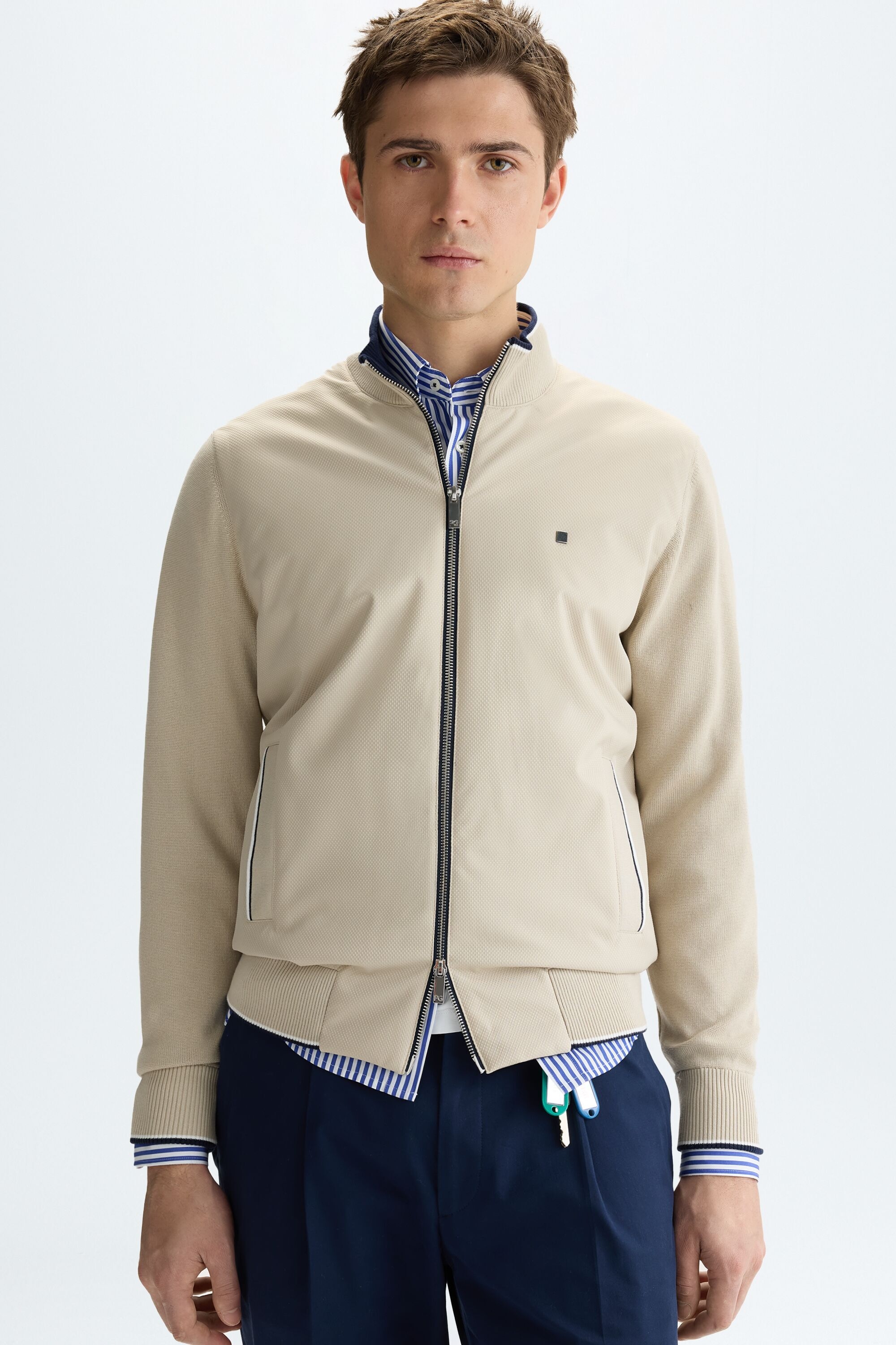 Nylon cotton stand-collar cardigan