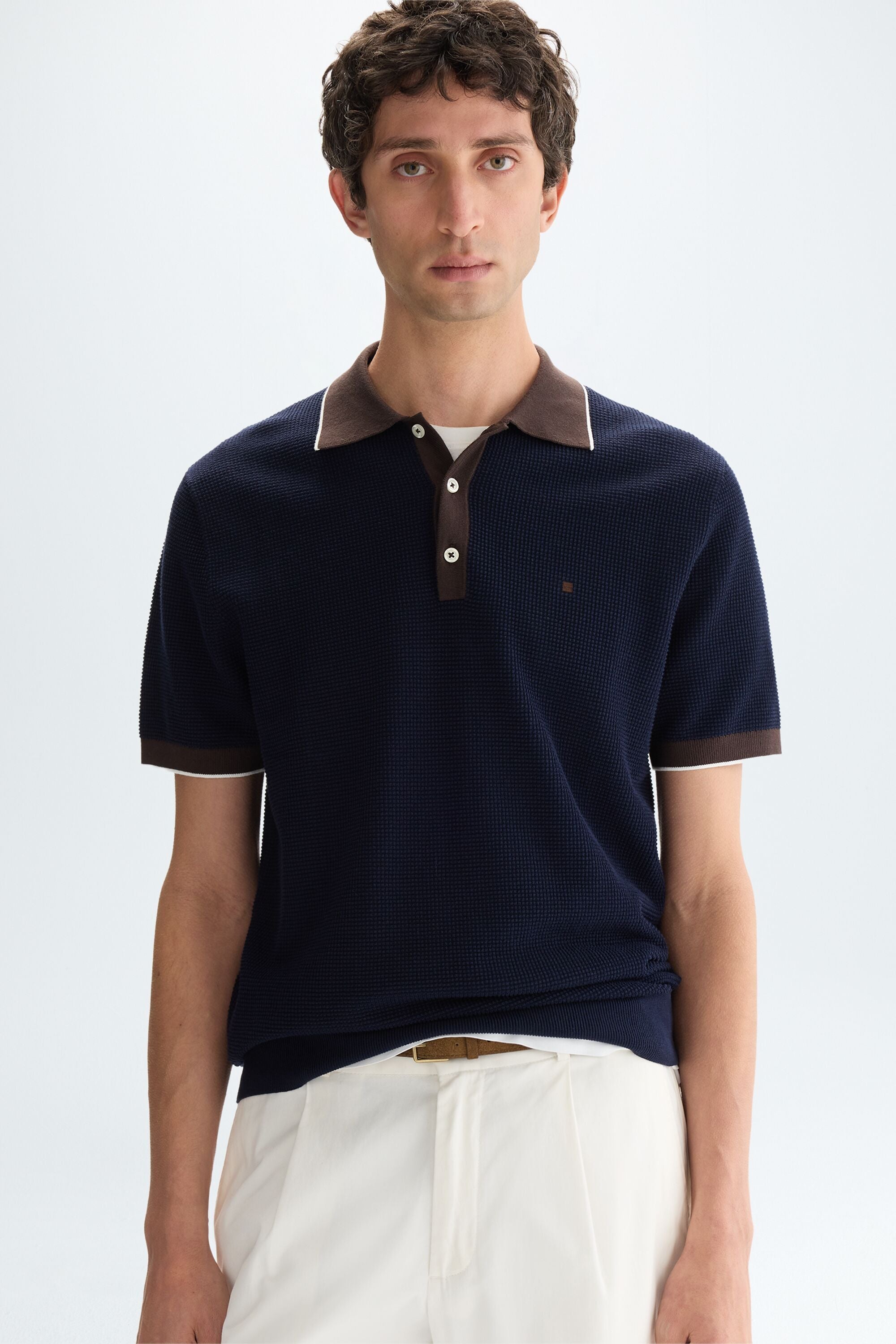 Textured pima cotton knit polo shirt navy/brown - Purificacion