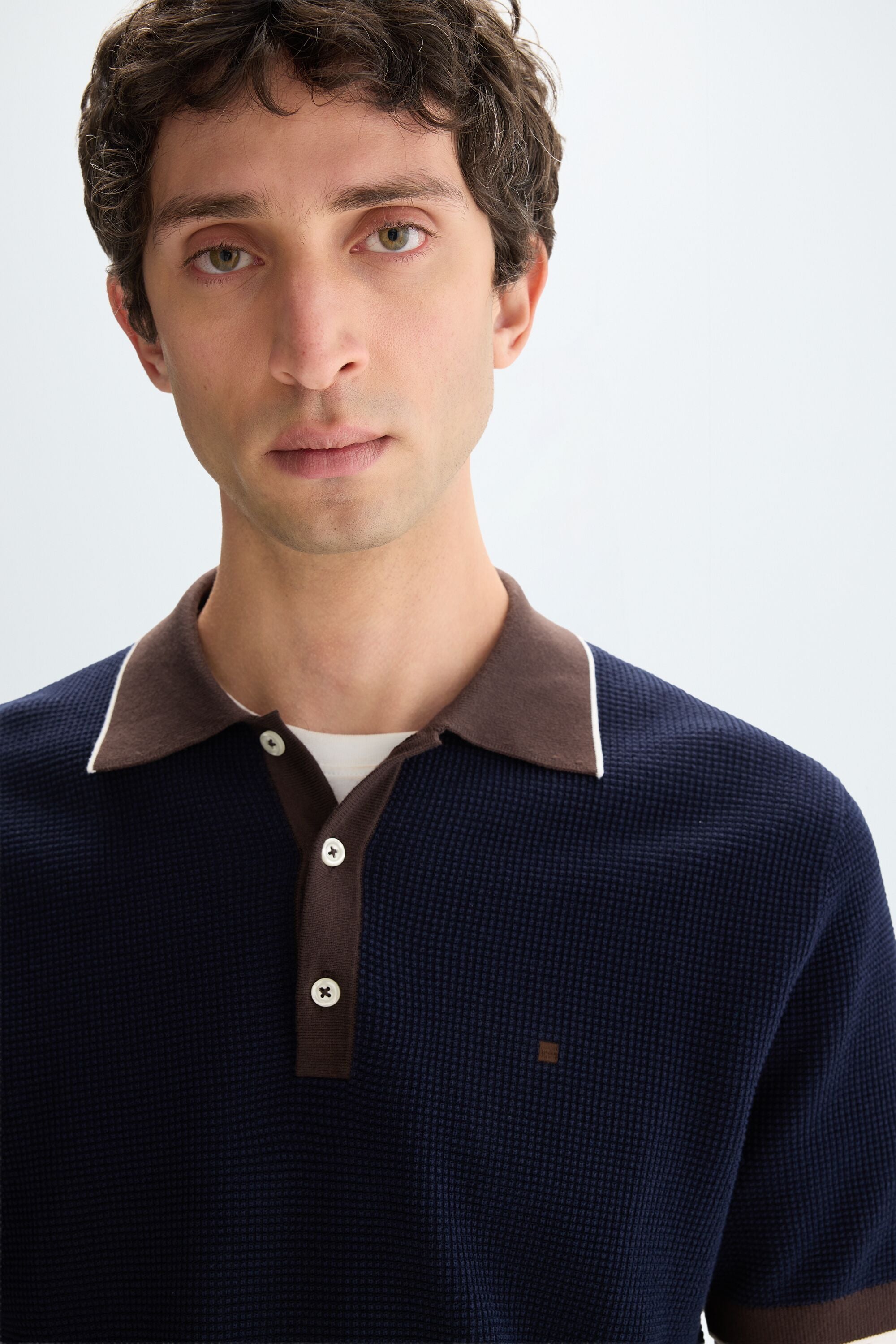 Textured pima cotton knit polo shirt navy/brown - Purificacion