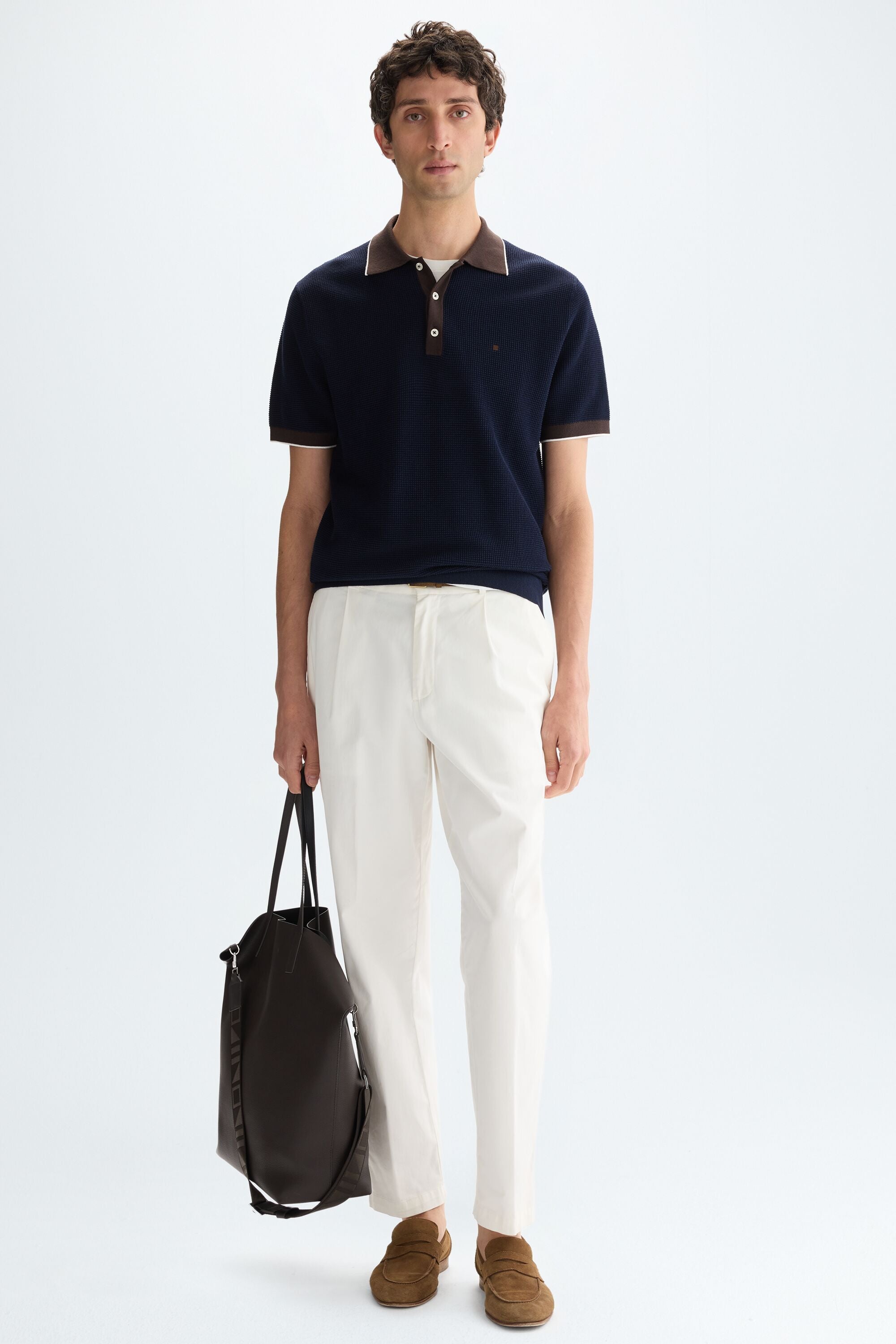 Textured pima cotton knit polo shirt navy/brown - Purificacion