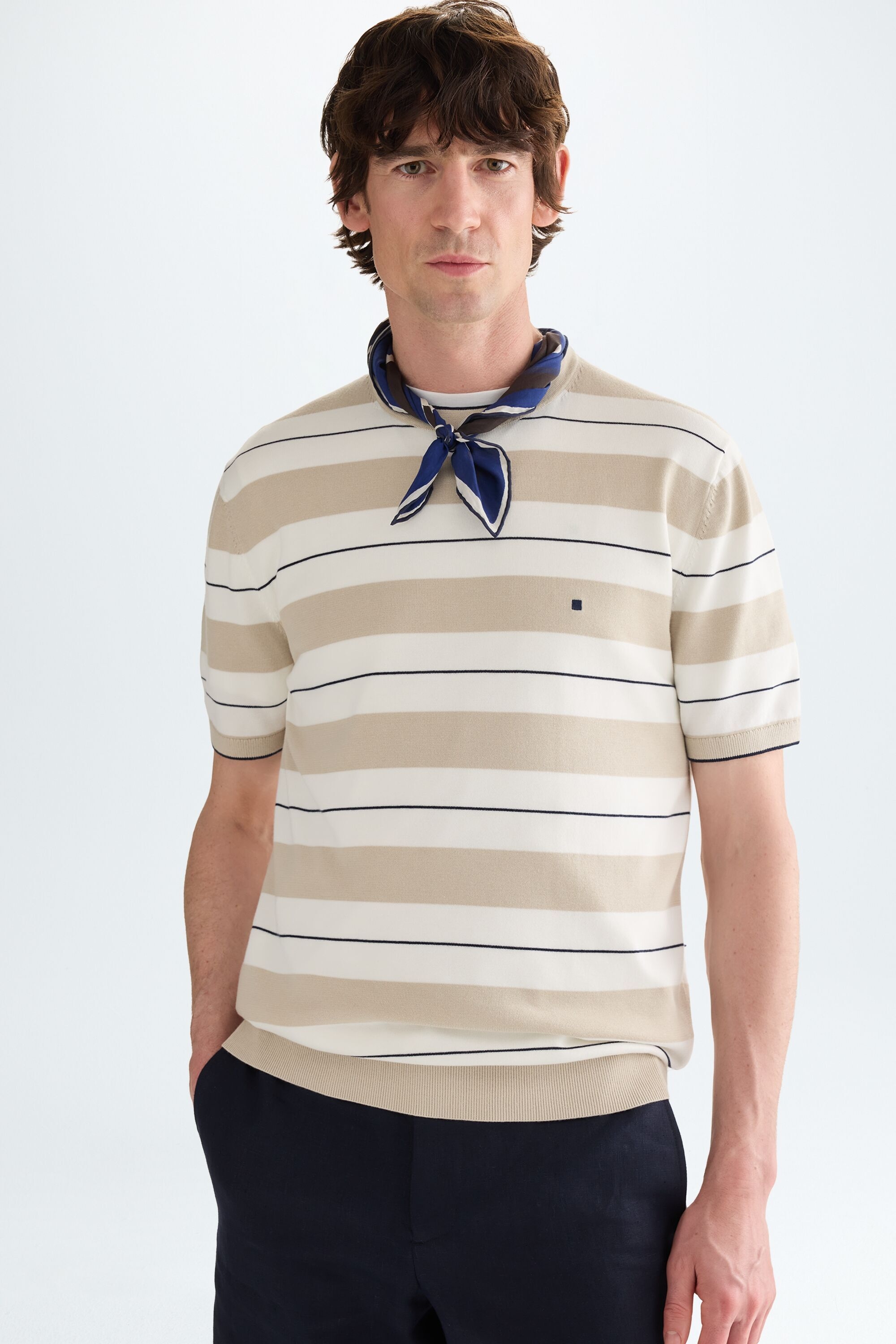 Striped knit short-sleeved sweater