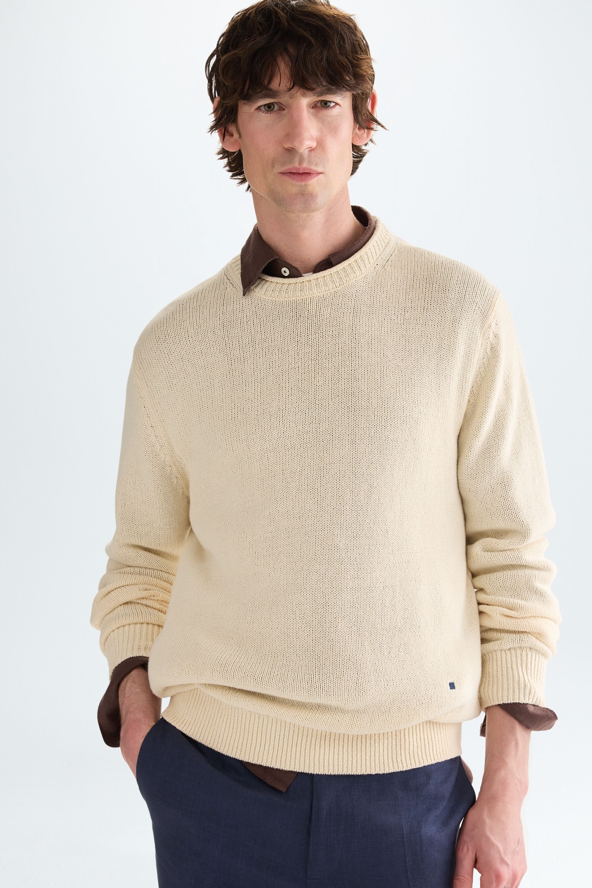 Cotton linen rolled-neck sweater - ECRU