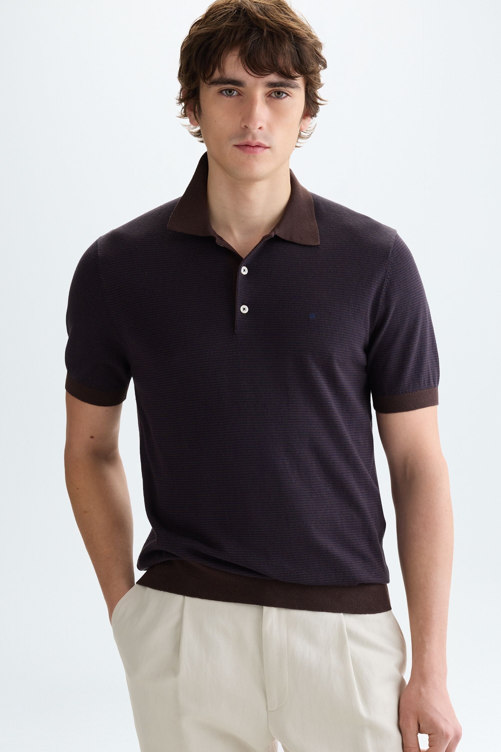 Striped knit polo shirt brown/navy - Purificacion Garcia Italy