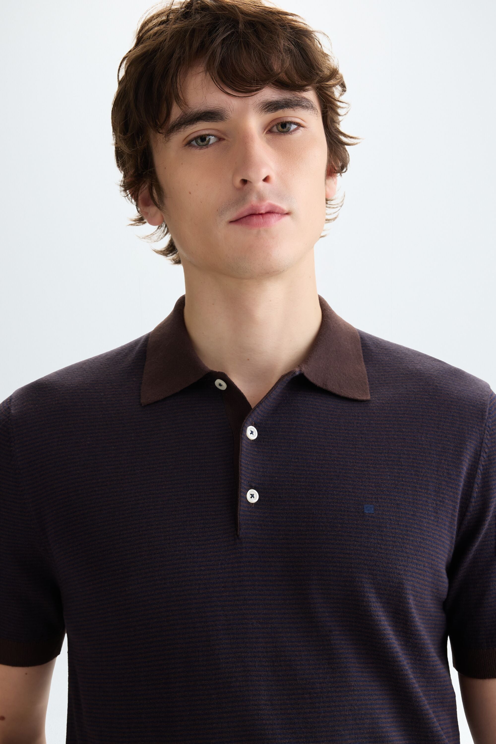 Striped knit polo shirt brown/navy - Purificacion Garcia Italy