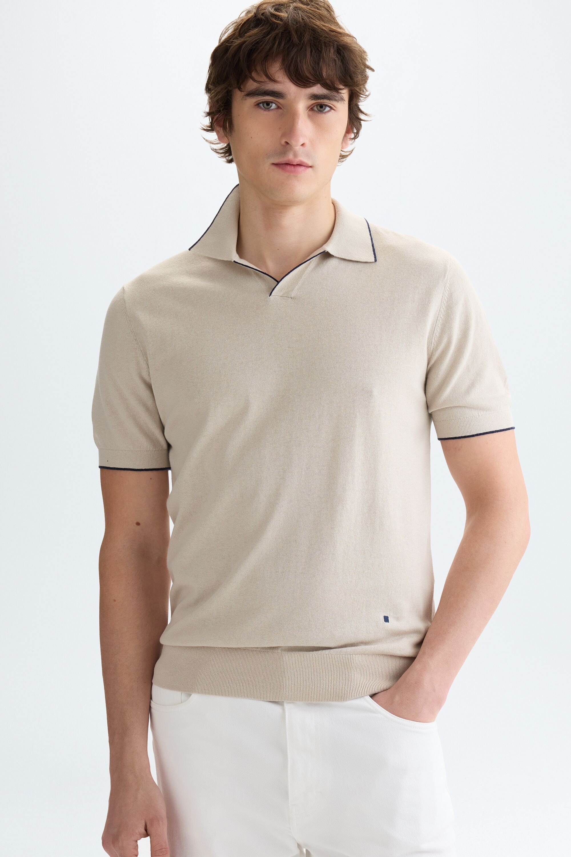 Cotton linen knit polo shirt