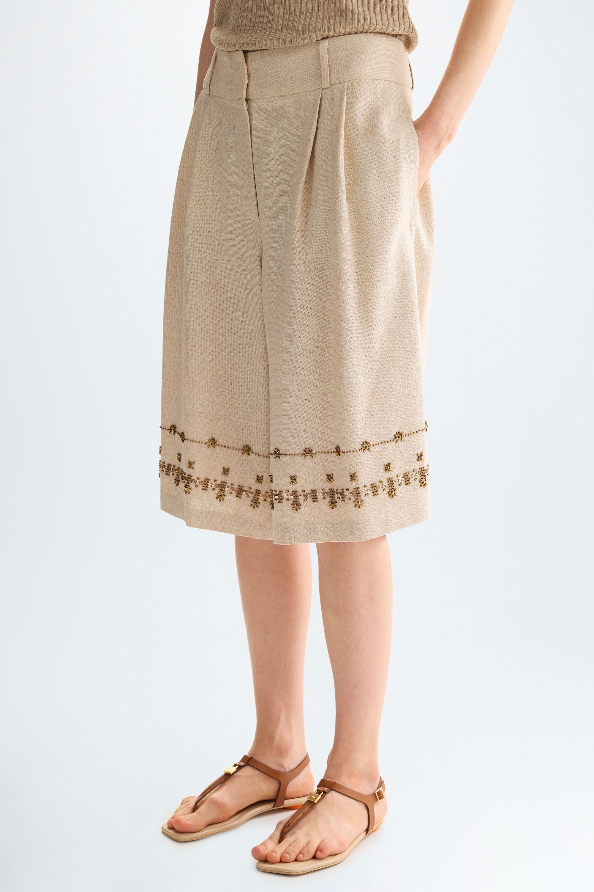 Embroidered linen A-line bermuda shorts